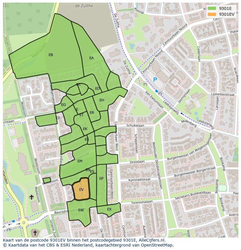 Afbeelding van het postcodegebied 9301 EV op de kaart.