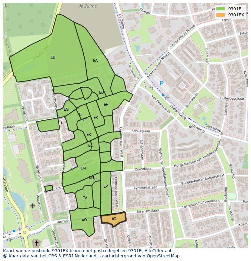Afbeelding van het postcodegebied 9301 EX op de kaart.