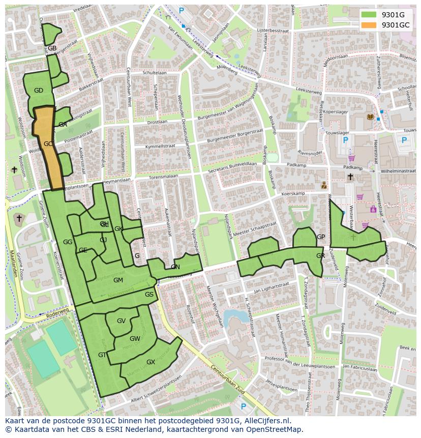 Afbeelding van het postcodegebied 9301 GC op de kaart.