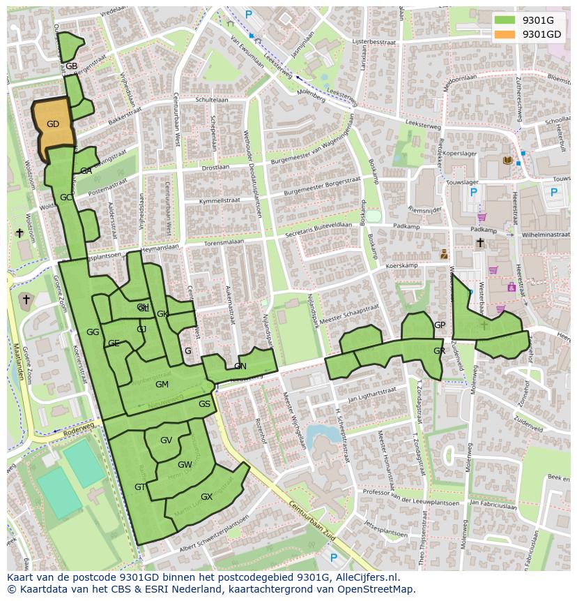 Afbeelding van het postcodegebied 9301 GD op de kaart.
