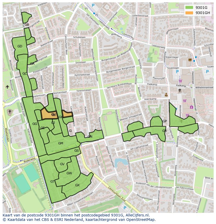 Afbeelding van het postcodegebied 9301 GH op de kaart.