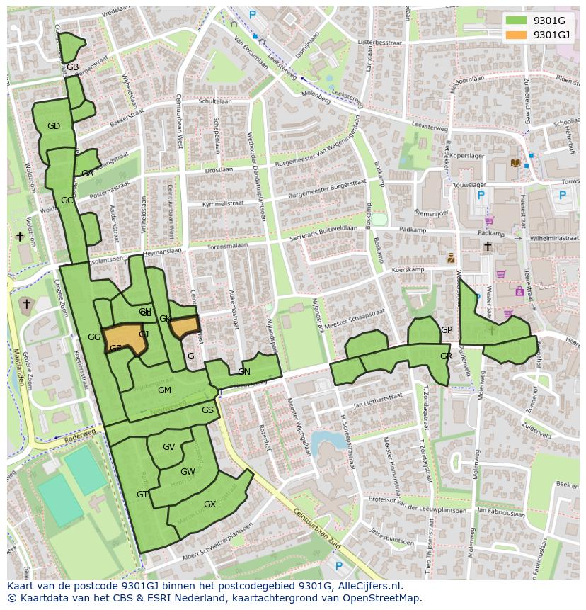 Afbeelding van het postcodegebied 9301 GJ op de kaart.