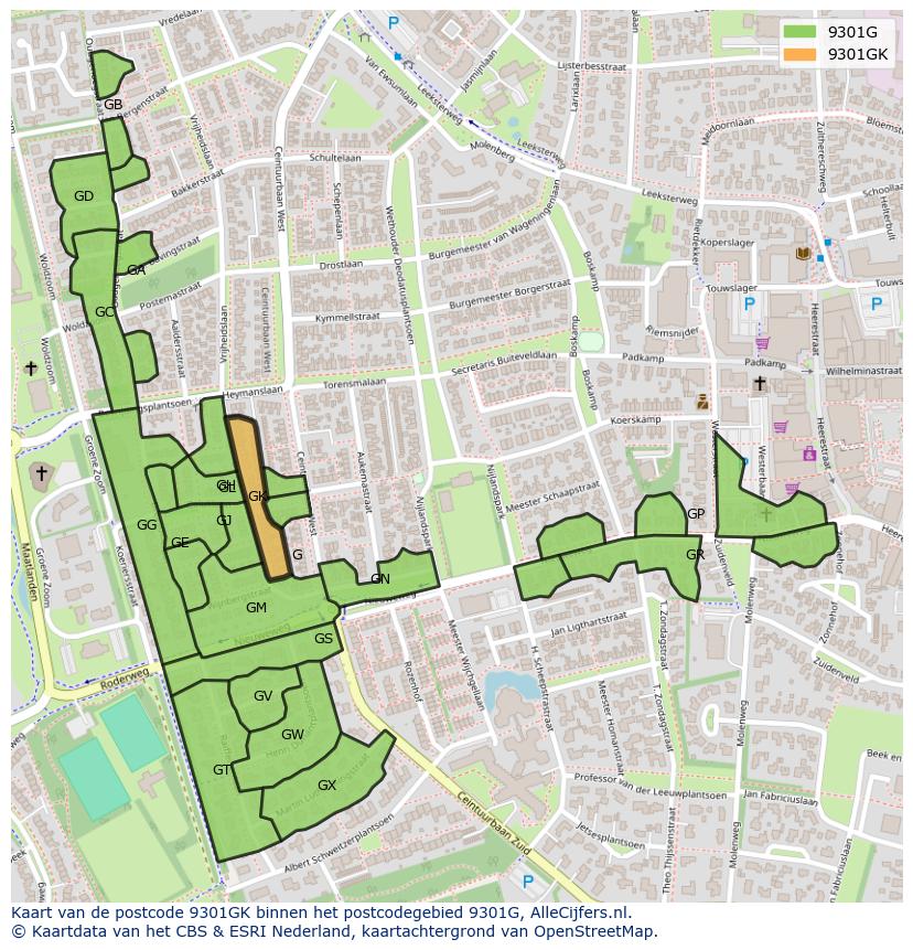 Afbeelding van het postcodegebied 9301 GK op de kaart.