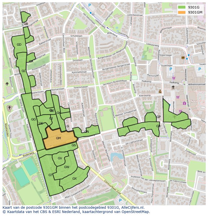 Afbeelding van het postcodegebied 9301 GM op de kaart.