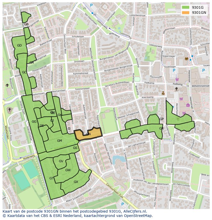 Afbeelding van het postcodegebied 9301 GN op de kaart.
