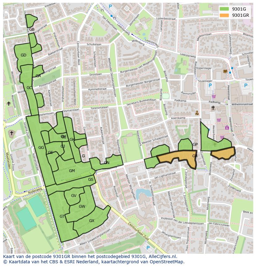 Afbeelding van het postcodegebied 9301 GR op de kaart.