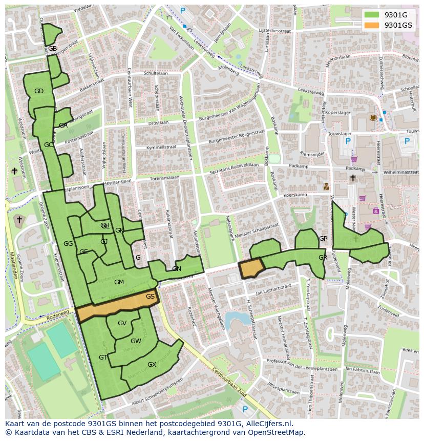 Afbeelding van het postcodegebied 9301 GS op de kaart.