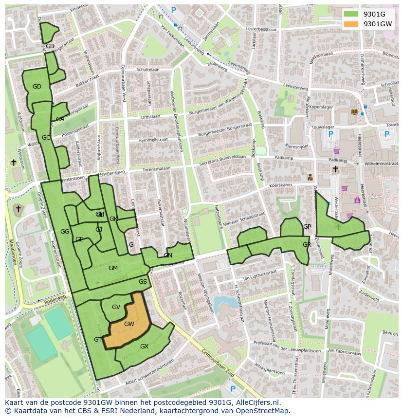 Afbeelding van het postcodegebied 9301 GW op de kaart.