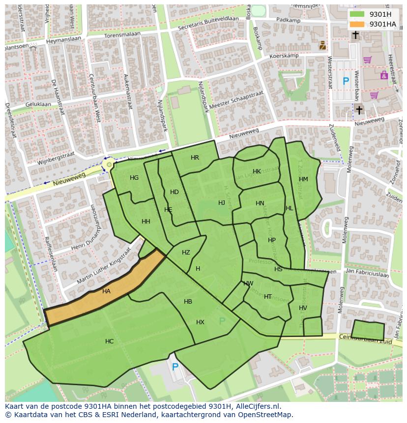 Afbeelding van het postcodegebied 9301 HA op de kaart.