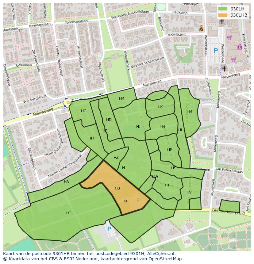 Afbeelding van het postcodegebied 9301 HB op de kaart.