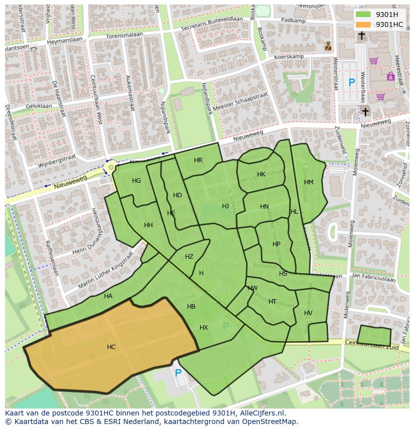 Afbeelding van het postcodegebied 9301 HC op de kaart.