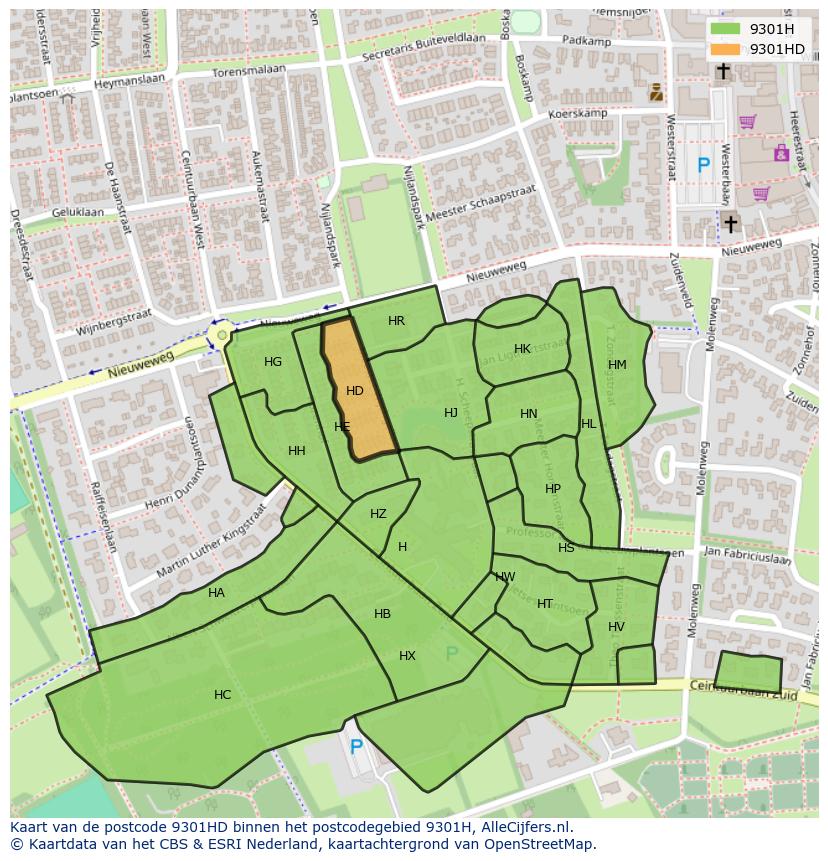 Afbeelding van het postcodegebied 9301 HD op de kaart.