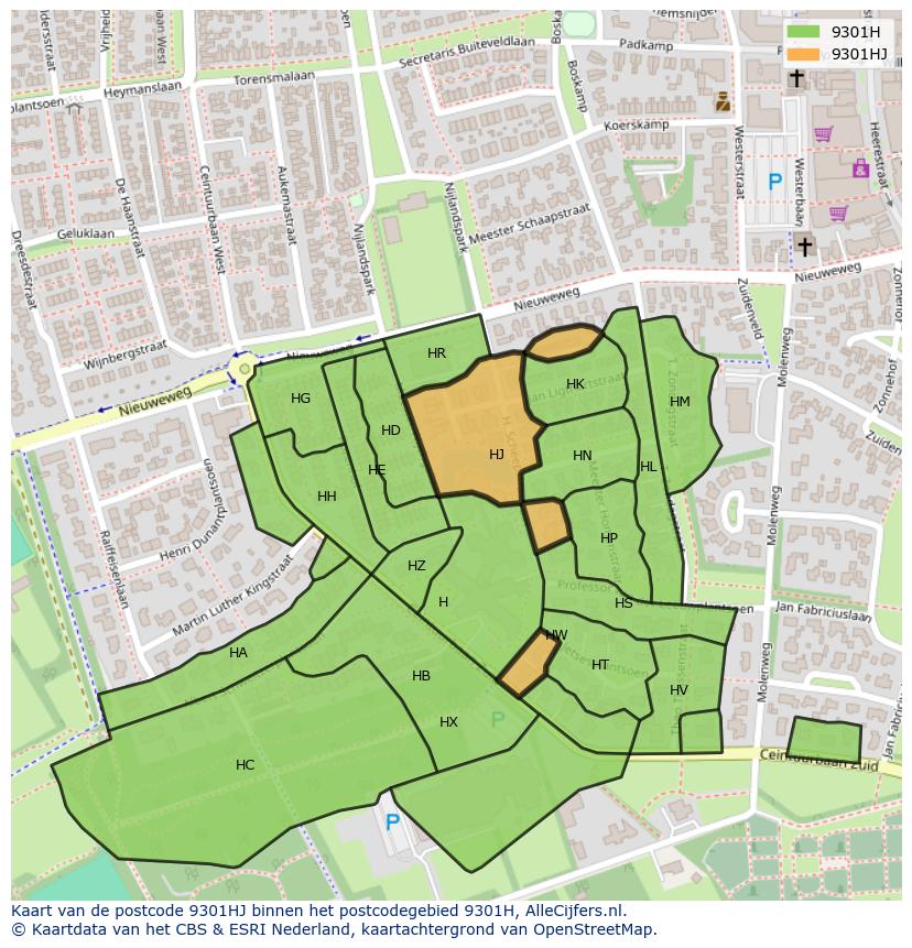 Afbeelding van het postcodegebied 9301 HJ op de kaart.