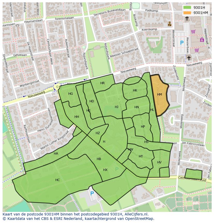 Afbeelding van het postcodegebied 9301 HM op de kaart.
