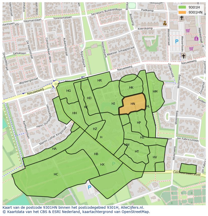 Afbeelding van het postcodegebied 9301 HN op de kaart.