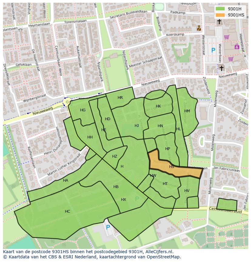 Afbeelding van het postcodegebied 9301 HS op de kaart.