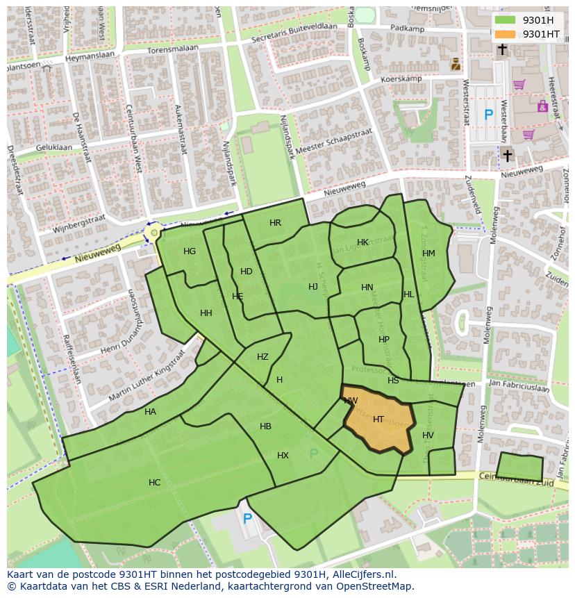 Afbeelding van het postcodegebied 9301 HT op de kaart.