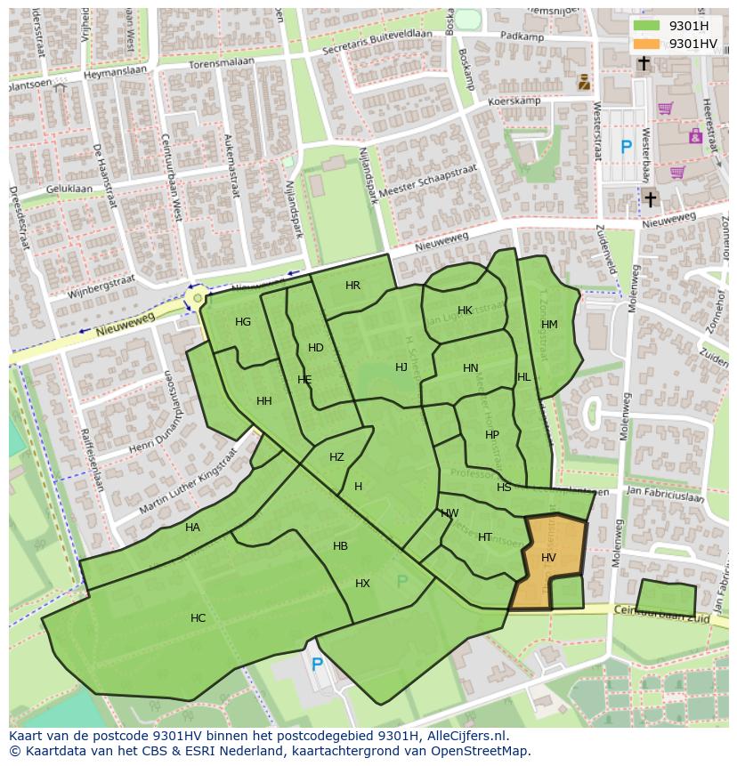 Afbeelding van het postcodegebied 9301 HV op de kaart.