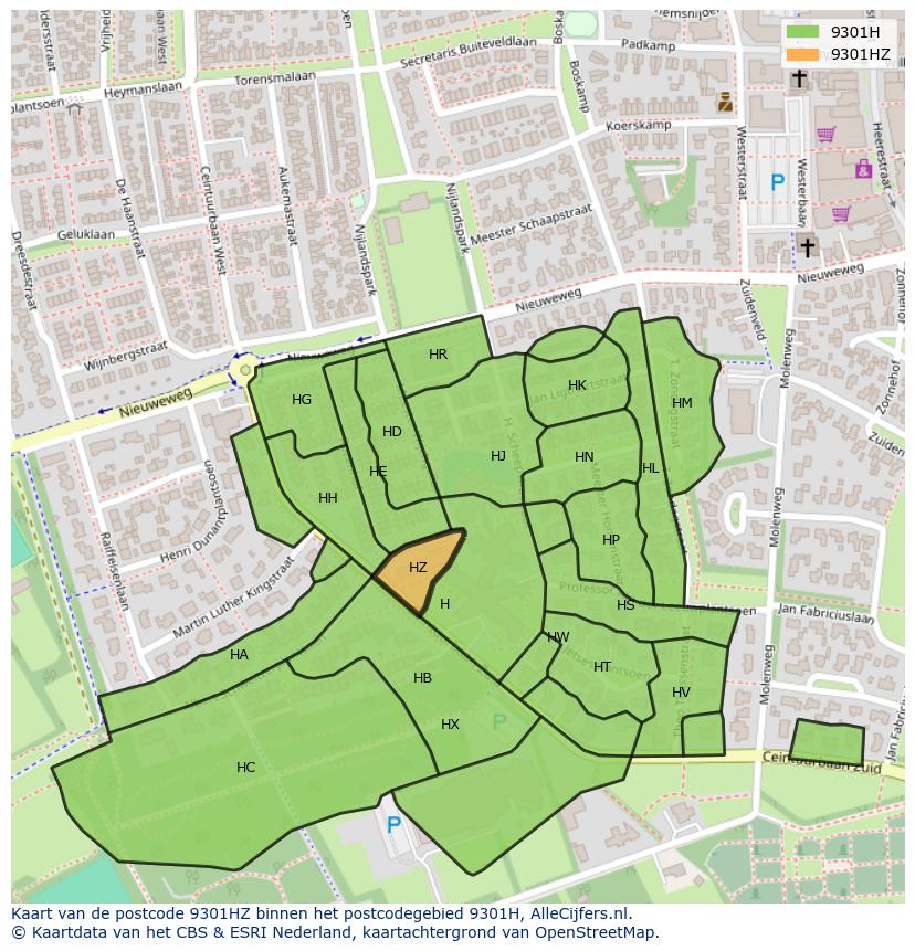 Afbeelding van het postcodegebied 9301 HZ op de kaart.