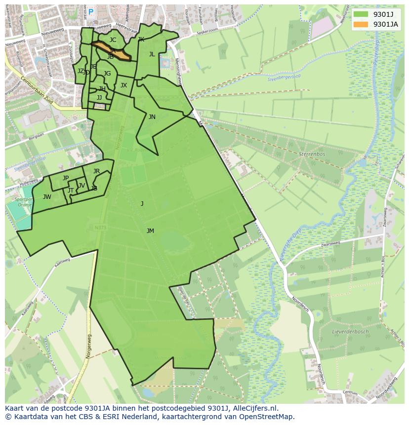 Afbeelding van het postcodegebied 9301 JA op de kaart.