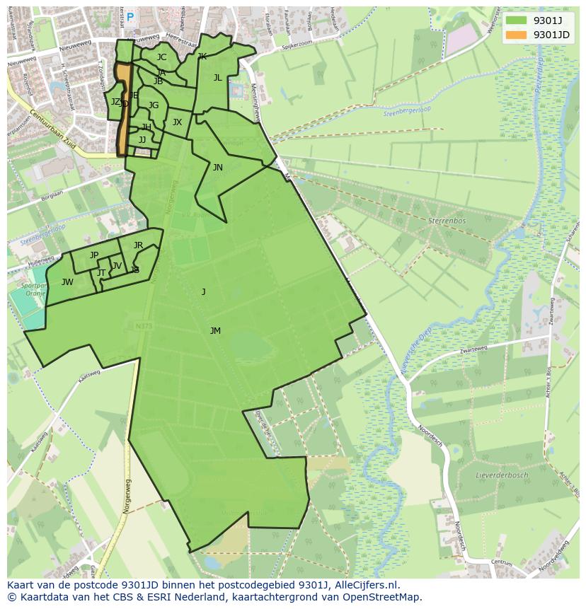 Afbeelding van het postcodegebied 9301 JD op de kaart.