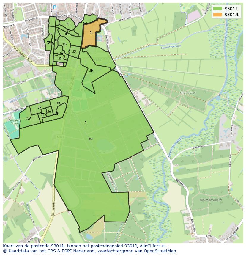 Afbeelding van het postcodegebied 9301 JL op de kaart.