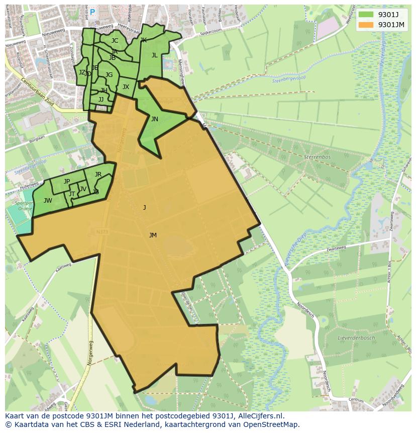 Afbeelding van het postcodegebied 9301 JM op de kaart.