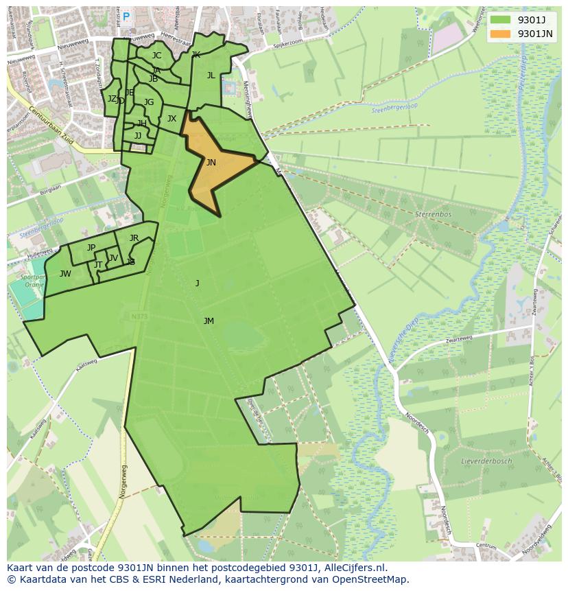 Afbeelding van het postcodegebied 9301 JN op de kaart.
