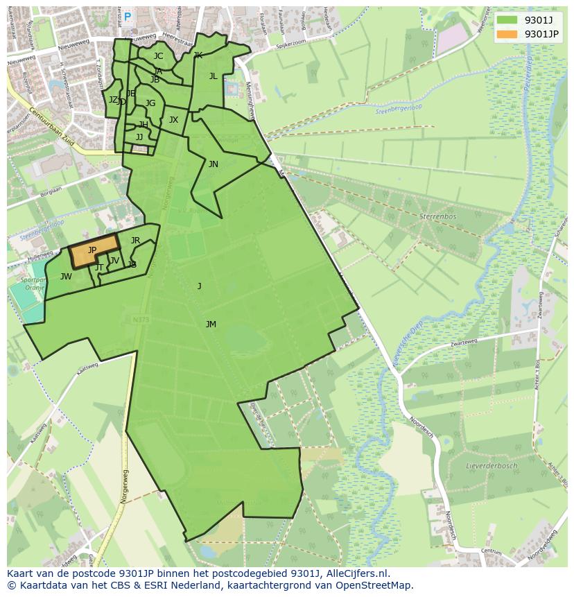 Afbeelding van het postcodegebied 9301 JP op de kaart.