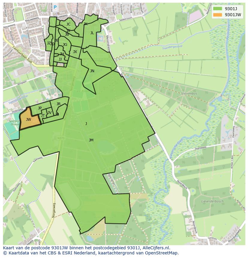 Afbeelding van het postcodegebied 9301 JW op de kaart.