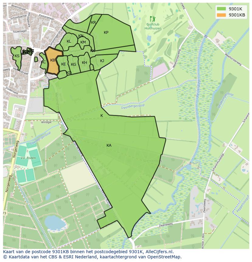 Afbeelding van het postcodegebied 9301 KB op de kaart.