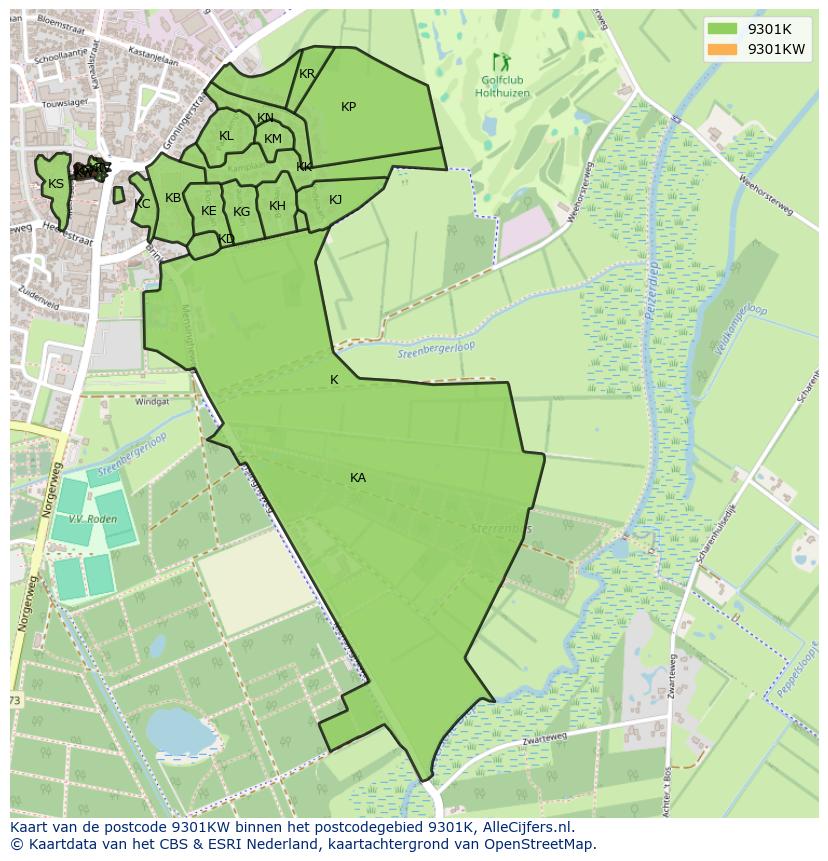 Afbeelding van het postcodegebied 9301 KW op de kaart.