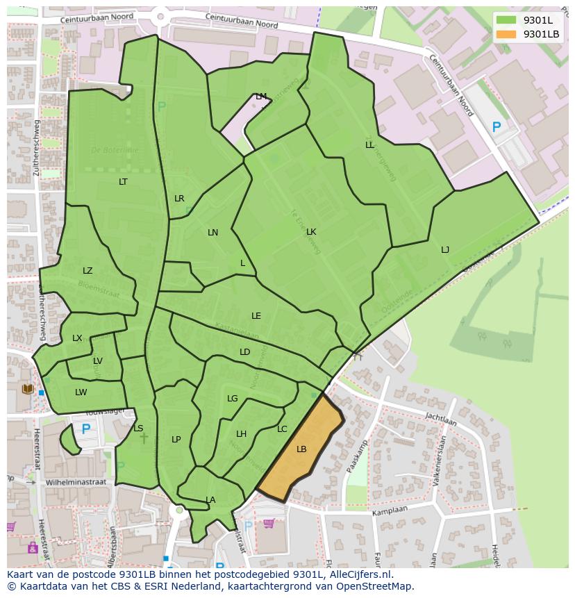 Afbeelding van het postcodegebied 9301 LB op de kaart.
