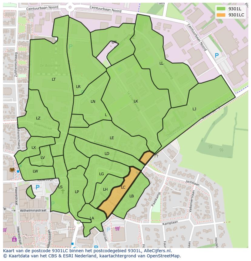 Afbeelding van het postcodegebied 9301 LC op de kaart.