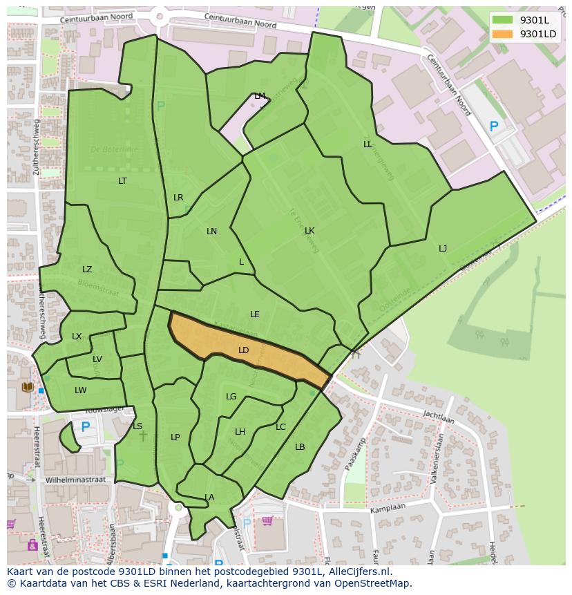 Afbeelding van het postcodegebied 9301 LD op de kaart.