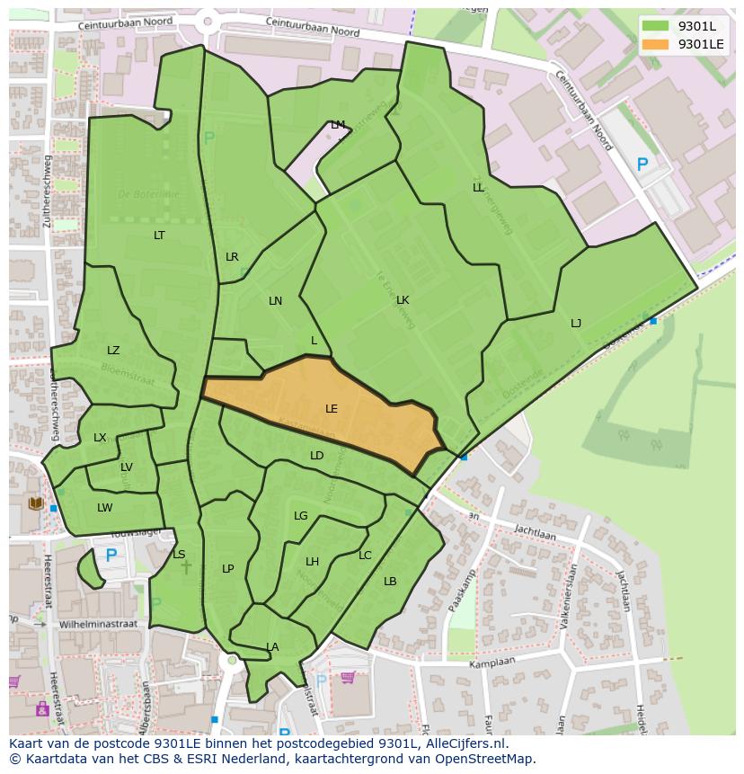 Afbeelding van het postcodegebied 9301 LE op de kaart.