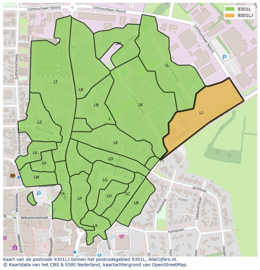 Afbeelding van het postcodegebied 9301 LJ op de kaart.