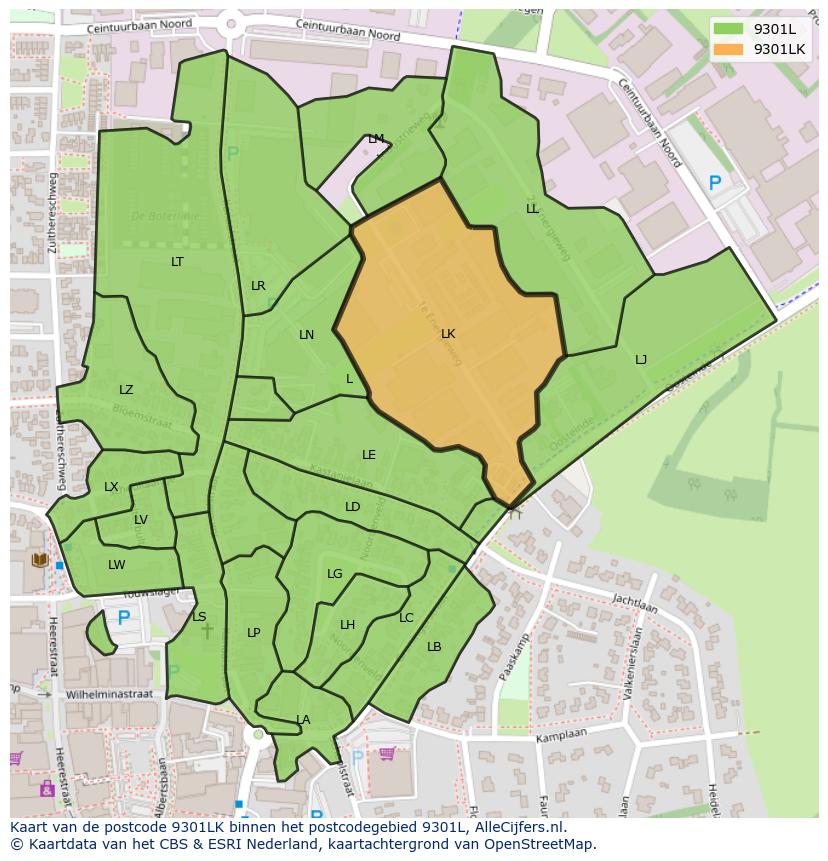 Afbeelding van het postcodegebied 9301 LK op de kaart.