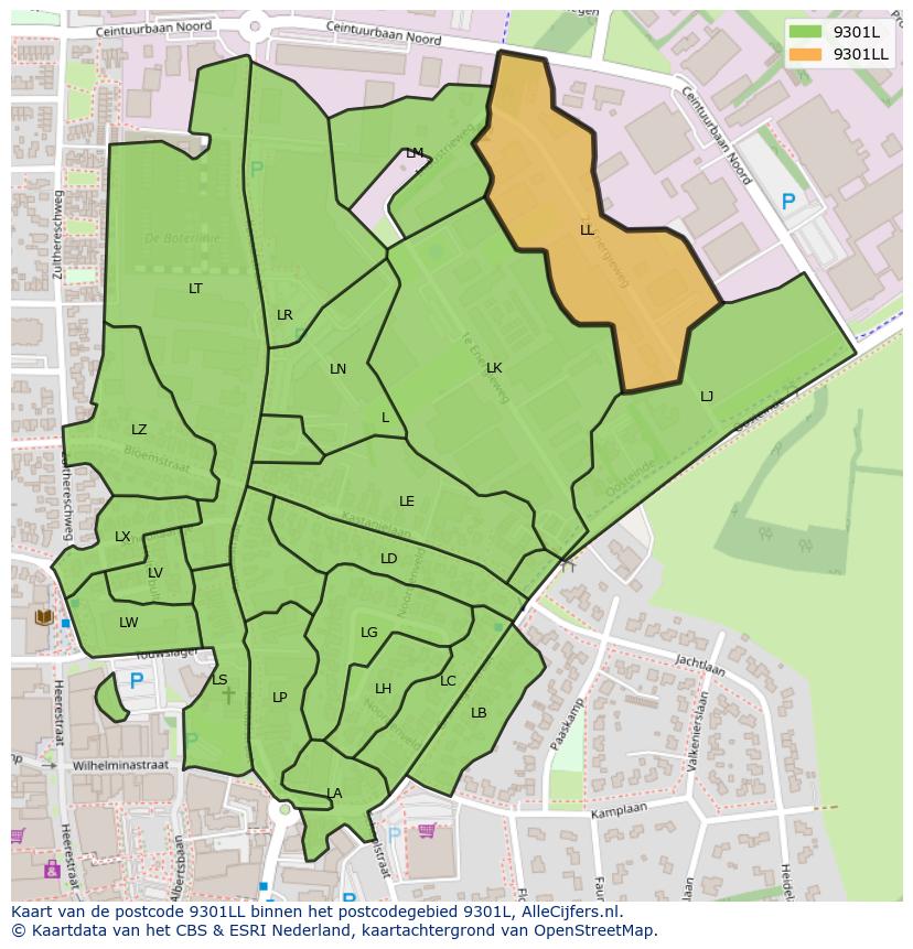 Afbeelding van het postcodegebied 9301 LL op de kaart.