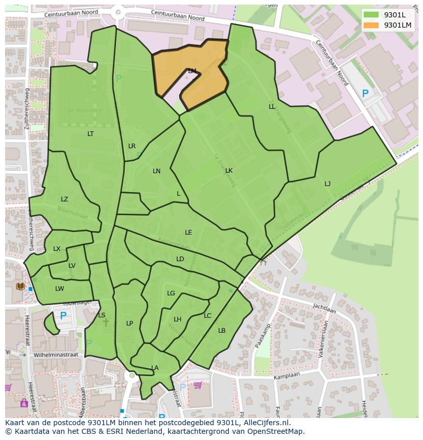Afbeelding van het postcodegebied 9301 LM op de kaart.