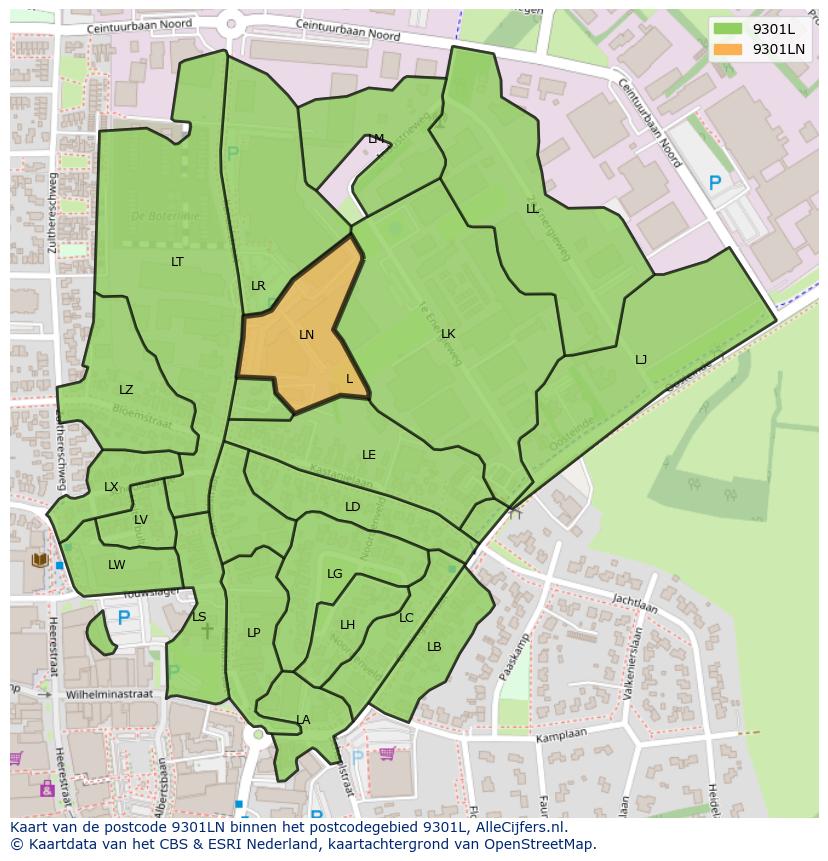 Afbeelding van het postcodegebied 9301 LN op de kaart.