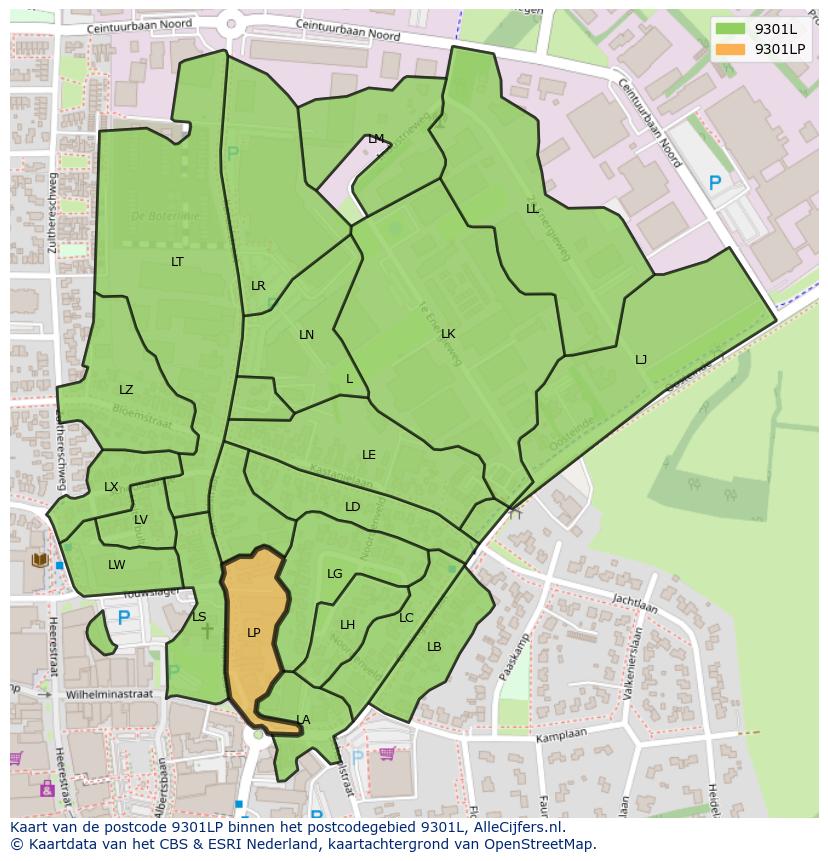 Afbeelding van het postcodegebied 9301 LP op de kaart.