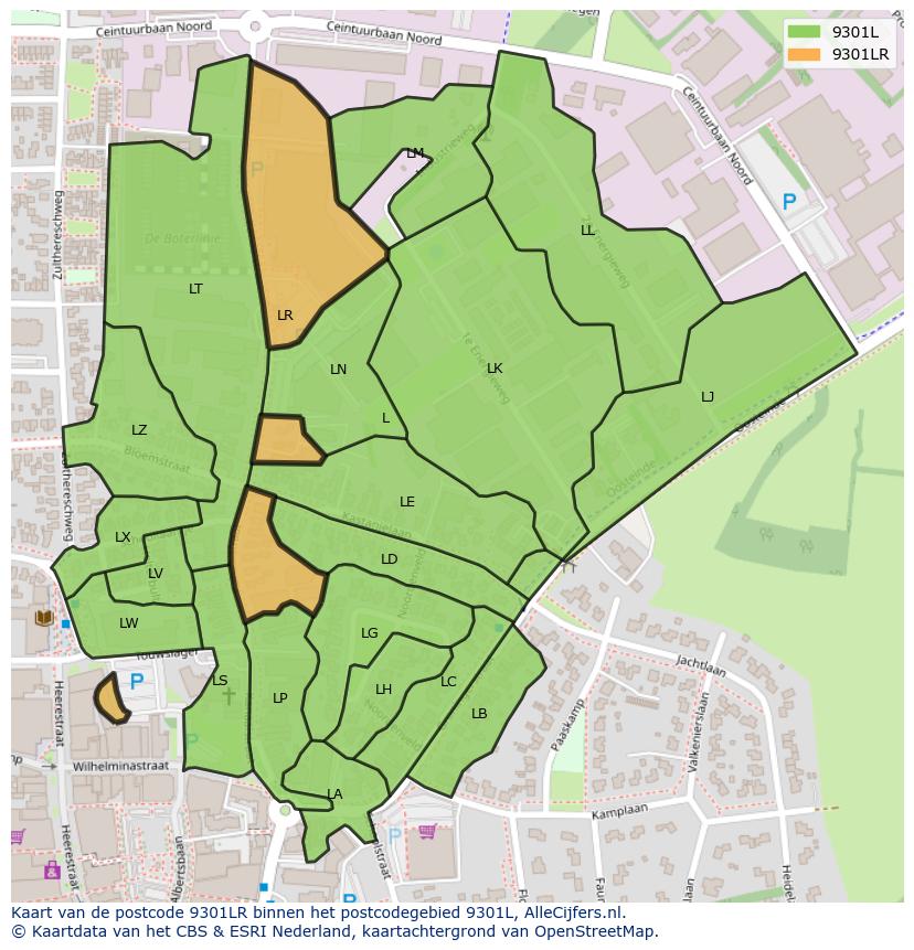 Afbeelding van het postcodegebied 9301 LR op de kaart.
