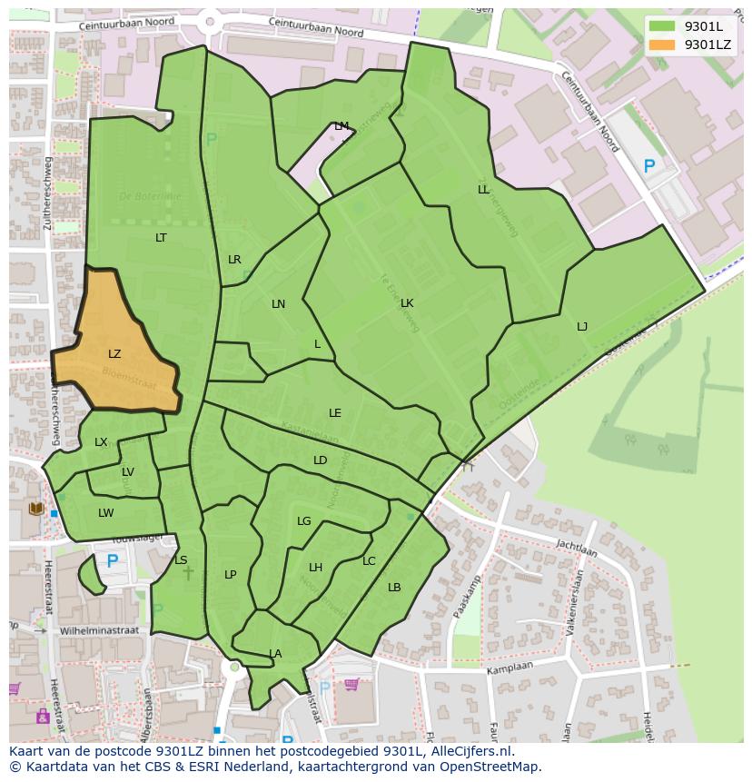 Afbeelding van het postcodegebied 9301 LZ op de kaart.