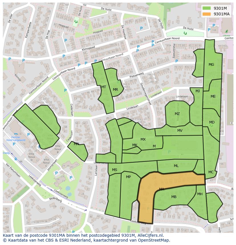 Afbeelding van het postcodegebied 9301 MA op de kaart.