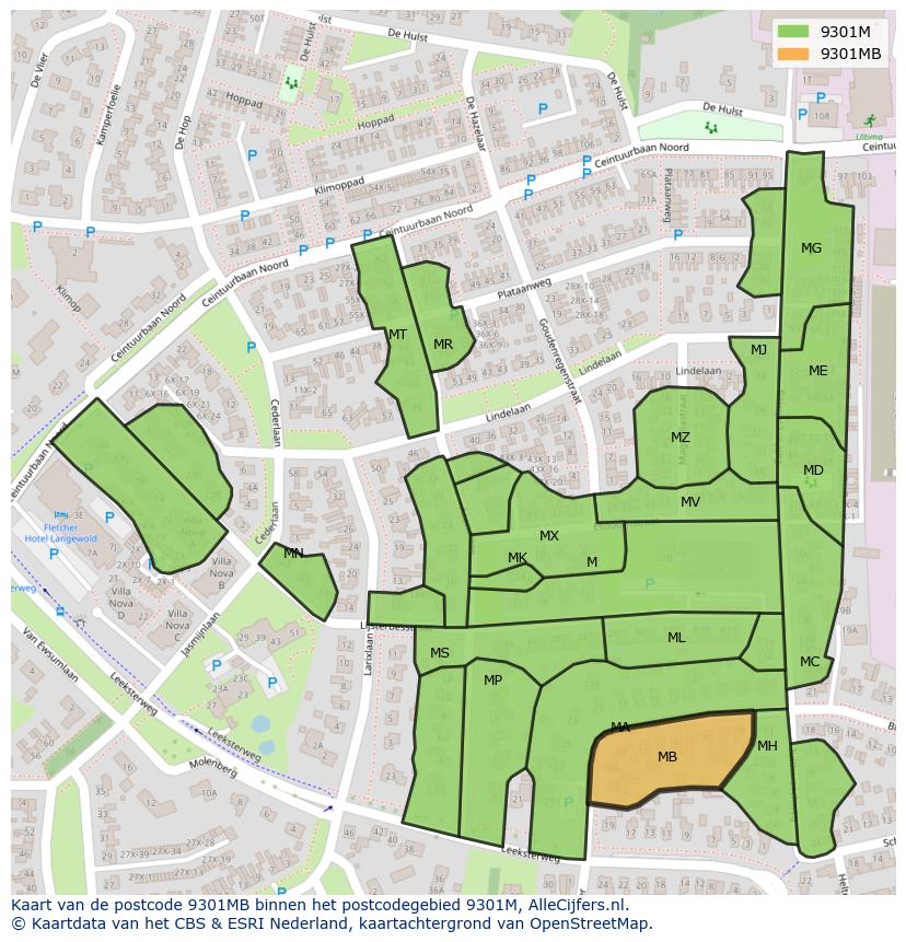 Afbeelding van het postcodegebied 9301 MB op de kaart.