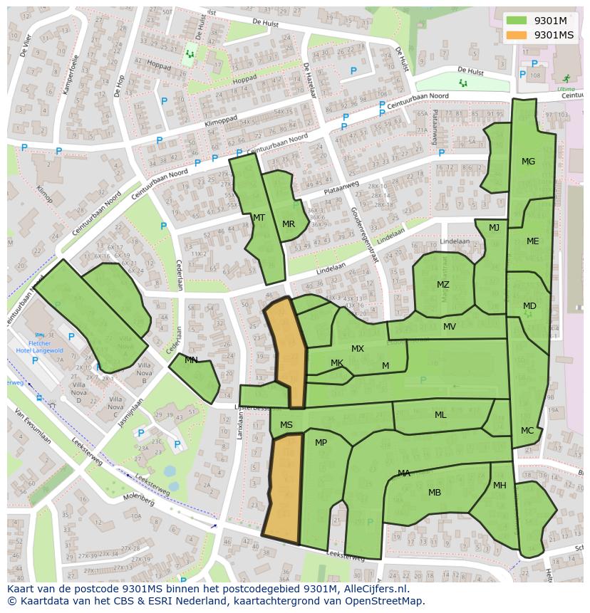Afbeelding van het postcodegebied 9301 MS op de kaart.