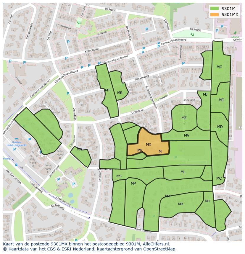 Afbeelding van het postcodegebied 9301 MX op de kaart.