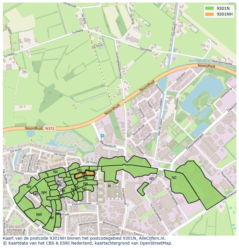 Afbeelding van het postcodegebied 9301 NH op de kaart.