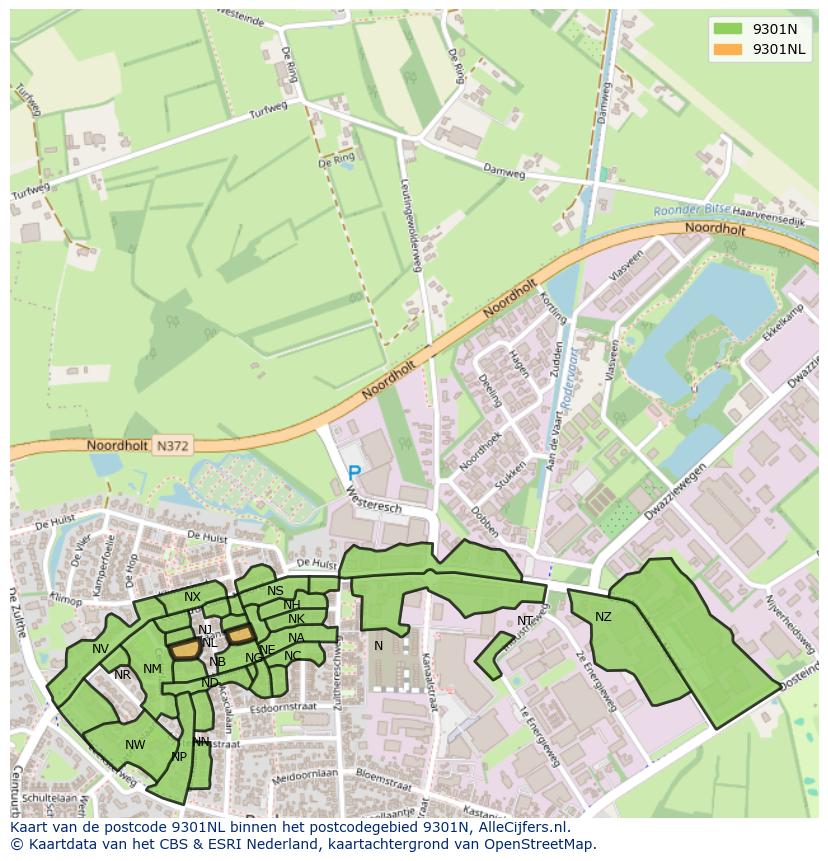 Afbeelding van het postcodegebied 9301 NL op de kaart.